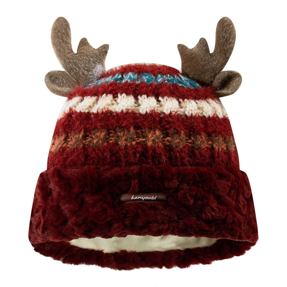 1266 Christmas Beanie Hat , Cute Antlers Splicing Color Double-Layered